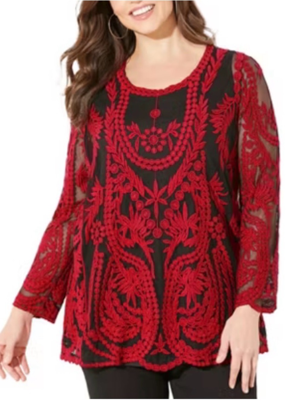 Catherines 3X Sheer Embroidered Mesh Tunic Top Burgundy Boho Plus Size (1330)